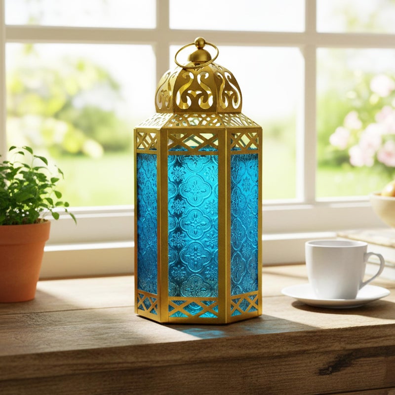 VELA LANTERNS 12" Gold Metal Moroccan Decorative Candle Lantern Holder for Hanging or Table Centerpieces, Exotic Indoor Home Decor, Outdoor Patio or Porch, Weddings, Ramadan, Blue Glass, Large - Image 2
